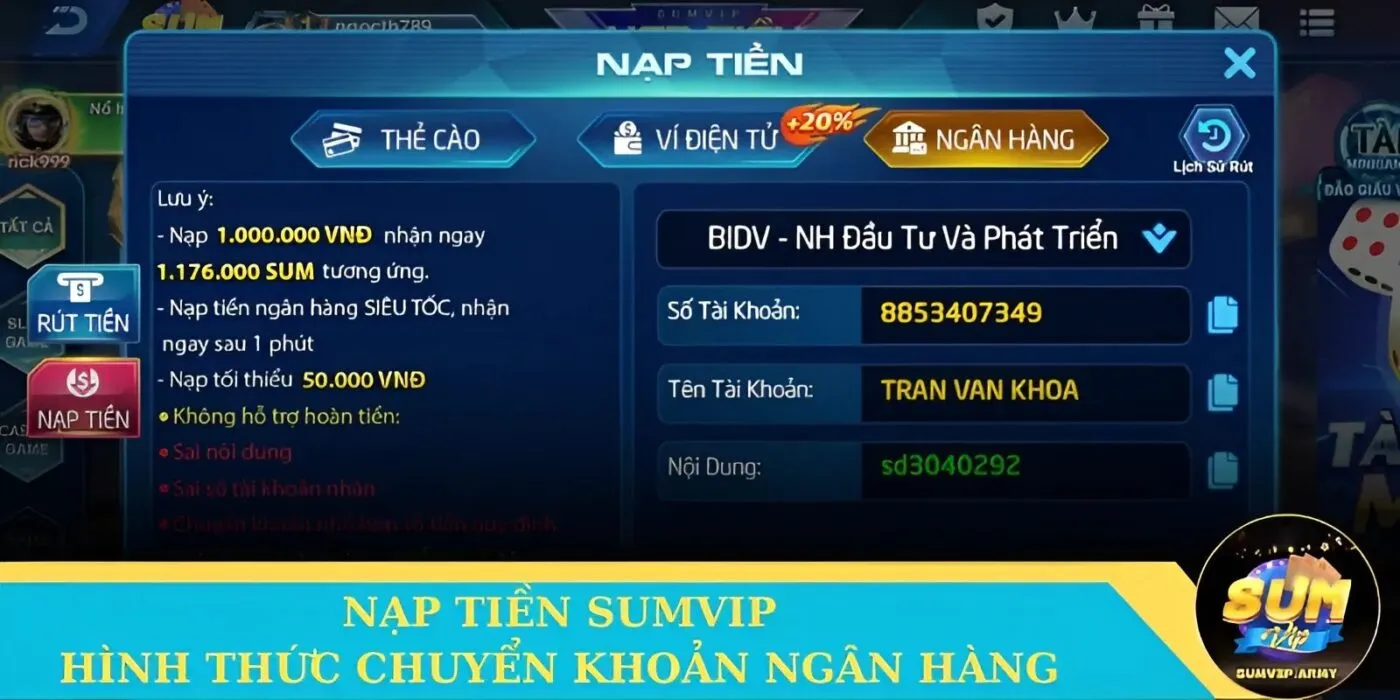 Hướng dẫn nạp tiền Sumvip qua tài khoản ngân hàng